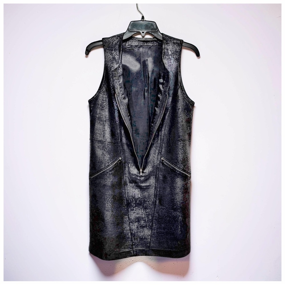 Lauren Vidal Black Textured Zip Front Sleeveless Dress |Minimalist | Luxe | S - Picture 9 of 11